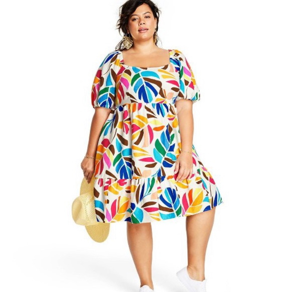 Target Tabitha Brown Plus Size Botanical Print Puff Sleeve Mini Dress 1X